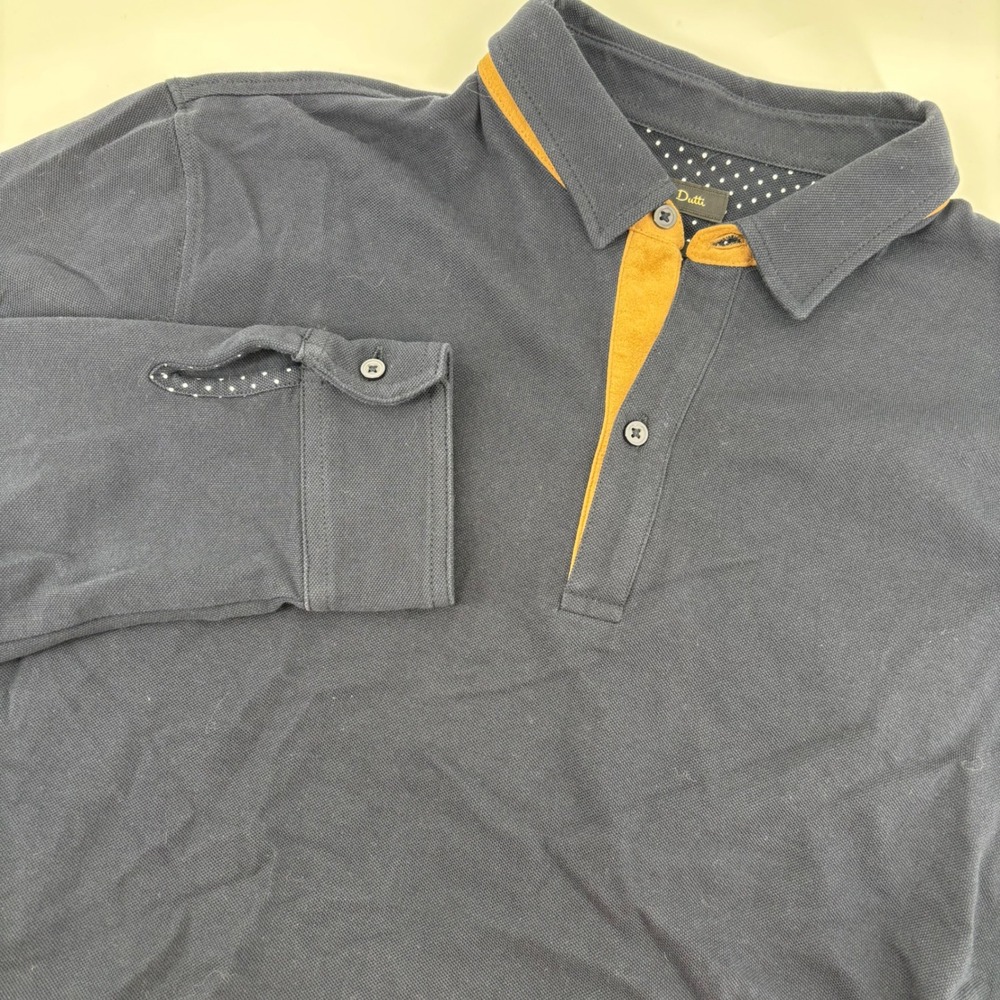 Massimo Dutti Polo Shirt Mens L Navy Blue Elbow Patch Long Sleeve Contrast Trim